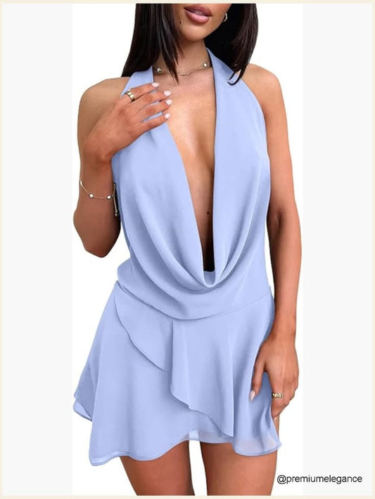 Sexy Halter Plunge V Neck Cowl Bodycon Mini Dress Sleeveless Open Back