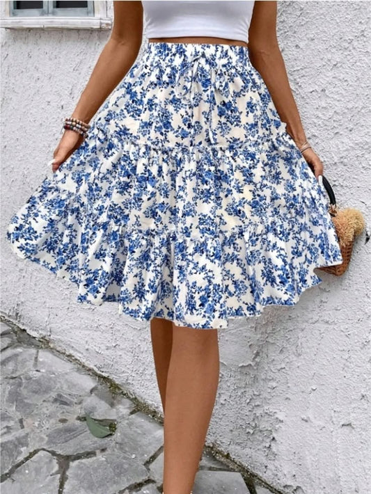 Floral Print Midi Skirt Sky Blue 2Xl