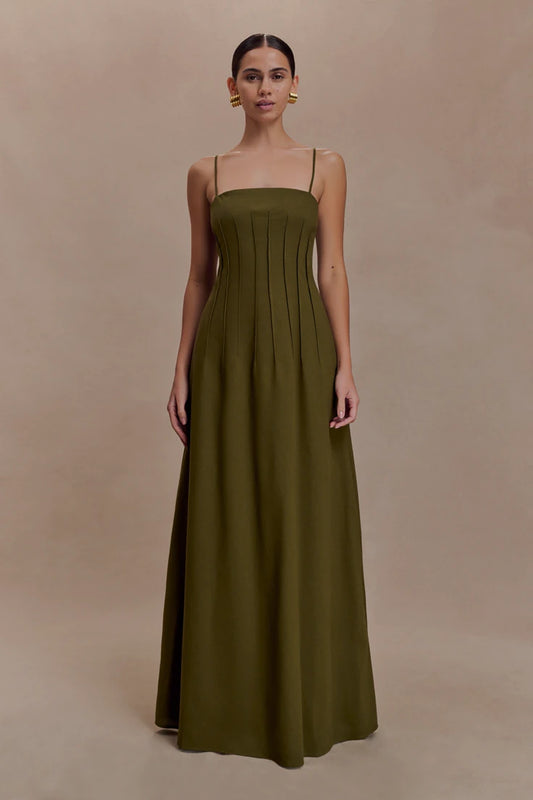 Sofie Pintuck Linen Maxi Dress Khaki