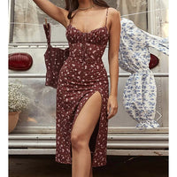 Arolora Dress Wine Red Floral Chest Drawstring Slit Dress Color: Red