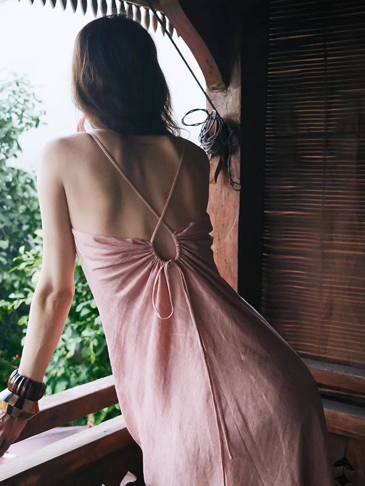 TENCEL™ Linen Blend Open-Back Waist-Defined Vacation Dress