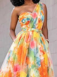Women's Floral One Shoulder Midi Dress Watercolor Mesh A Line Wedding