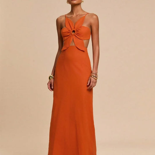 Orange Casual Women's Petal Backless Strap Dress Color: Orange Size: