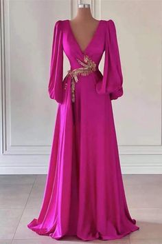 Dark V Neck Prom Dress With Embellishment In Fuchsia Long Sleeves A