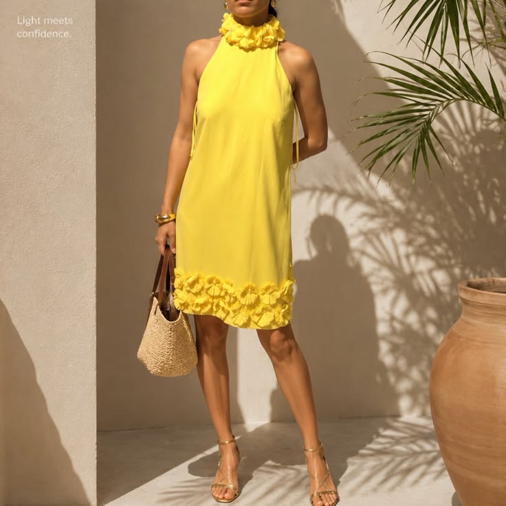 Alex Marie Dress Yellow Halter Dress With Floral Trim Color: Yellow