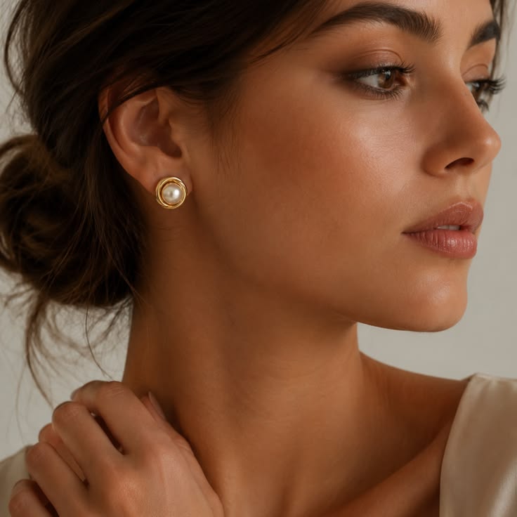 Gold / White Luminous Pearl Stud Earrings – Gold Plated Jewelry For Women | Unaloe
