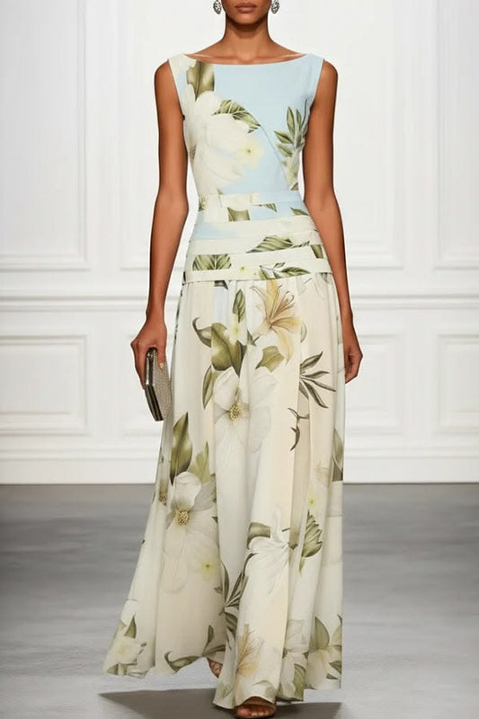 Classic Floral Print Boat Neck Ruched Waist Sleeveless A Line Maxi