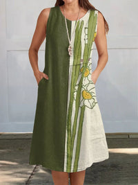 Maya - Vintage Abstract Cotton Linen Sleeveless Wrap Dress with Side Pockets