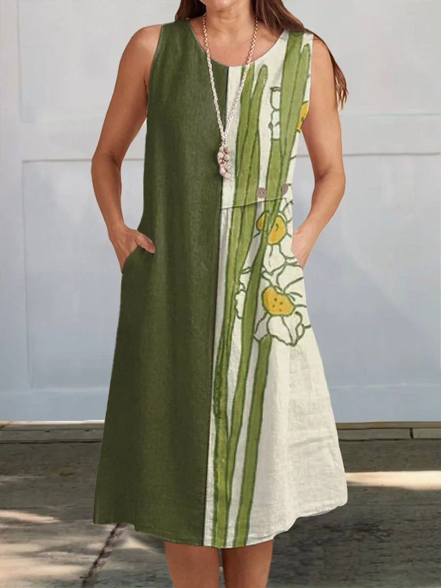 Maya - Vintage Abstract Cotton Linen Sleeveless Wrap Dress with Side Pockets