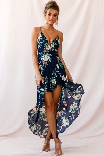 Imelda V Neckline High Low Hem Dress Navy