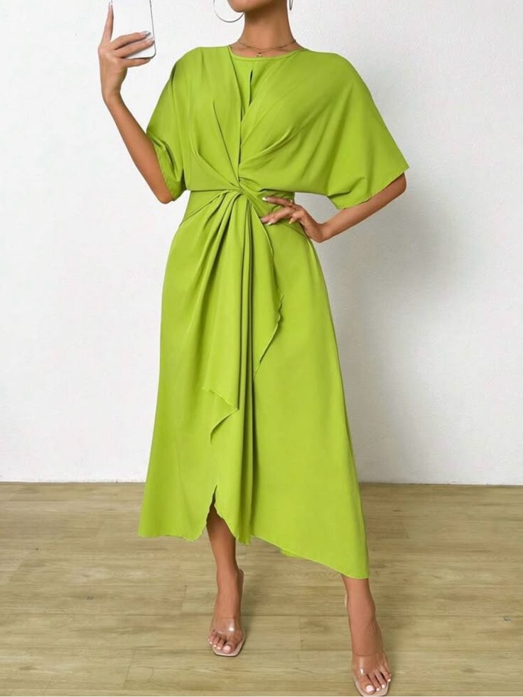 Knot Front Midi Dress In Lime Green Color: Green Size: M