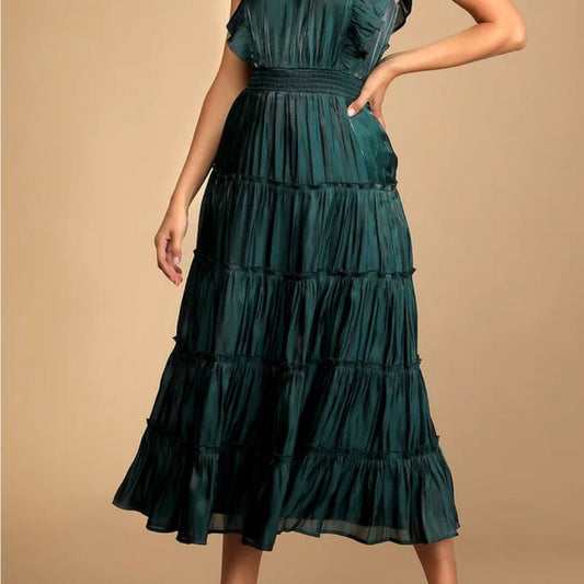 Dress Take A Glance Emerald Green Tiered Mock Neck Midi Dress Size S