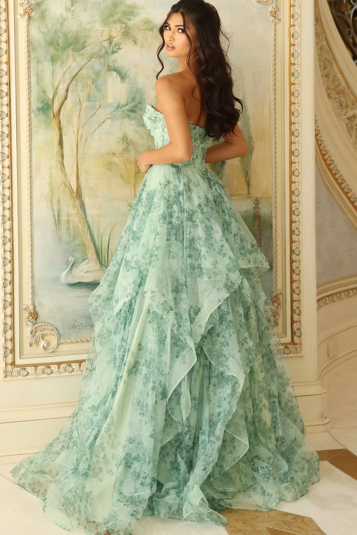 49777 Long Formal Ruffle Floral Print Prom Dress Green Print