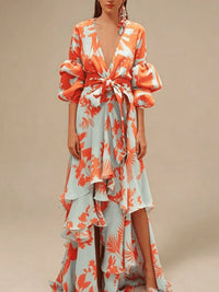 Red Elegant Women's A Line V Neck & Kimono Sleeves Tropical Print Maxi