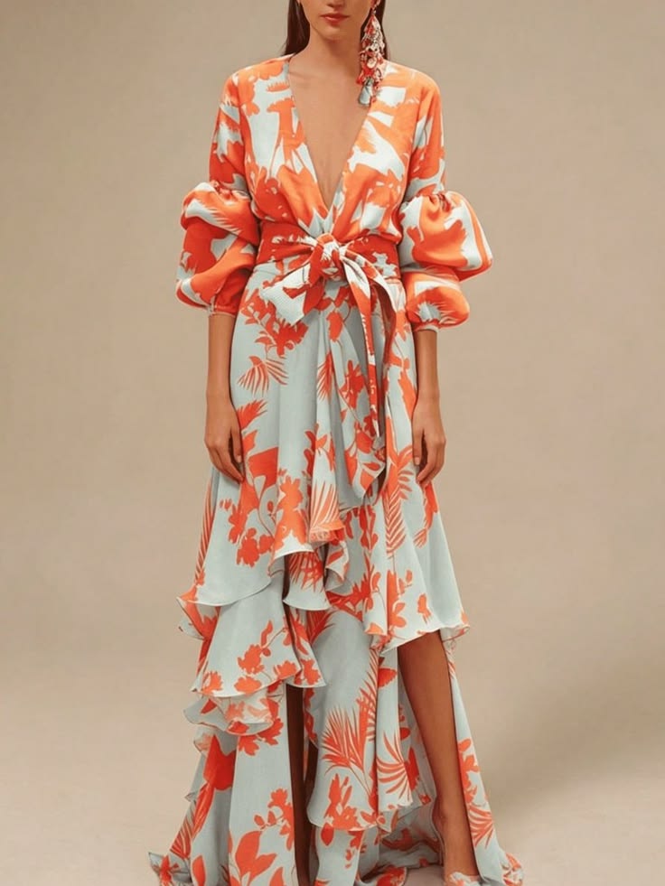 Red Elegant Women's A Line V Neck & Kimono Sleeves Tropical Print Maxi