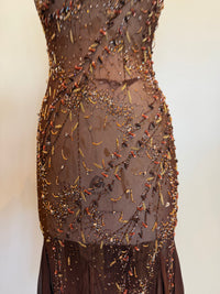 Tory, 90s beaded brown bias cut chiffon handkerchief dress