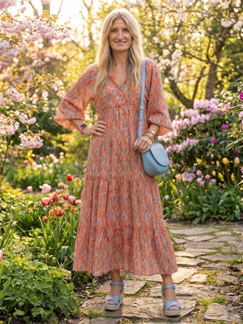 Tabitha – Geometric Print V-Neck Tiered Midi Dress