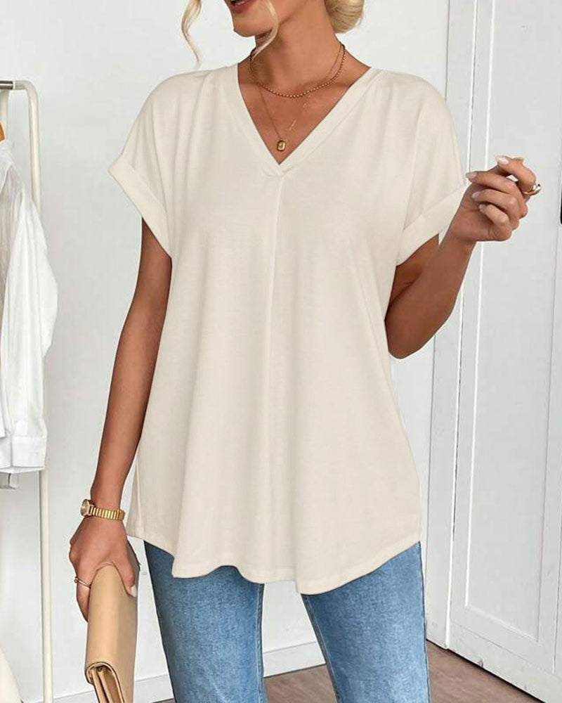 Saffron - Patchwork Back Slimming Cotton V-Neck T-Shirt