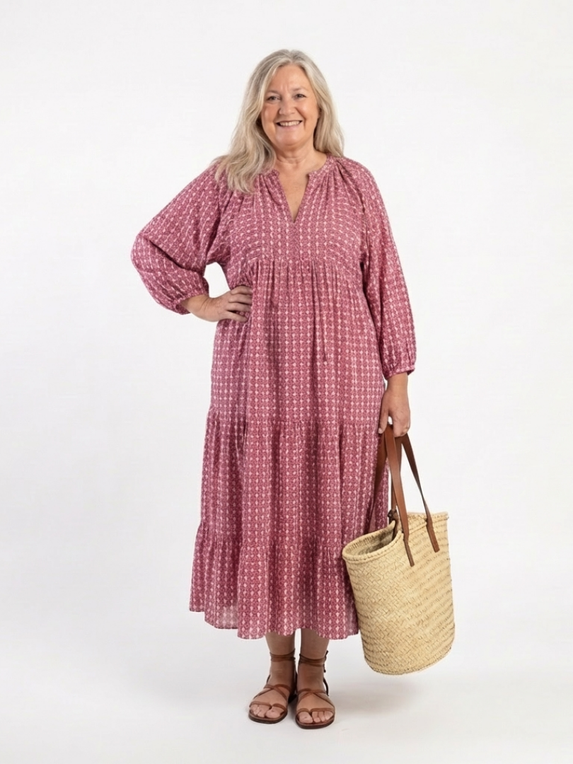Alfiea – Geometric Print Long Sleeve Midi Dress