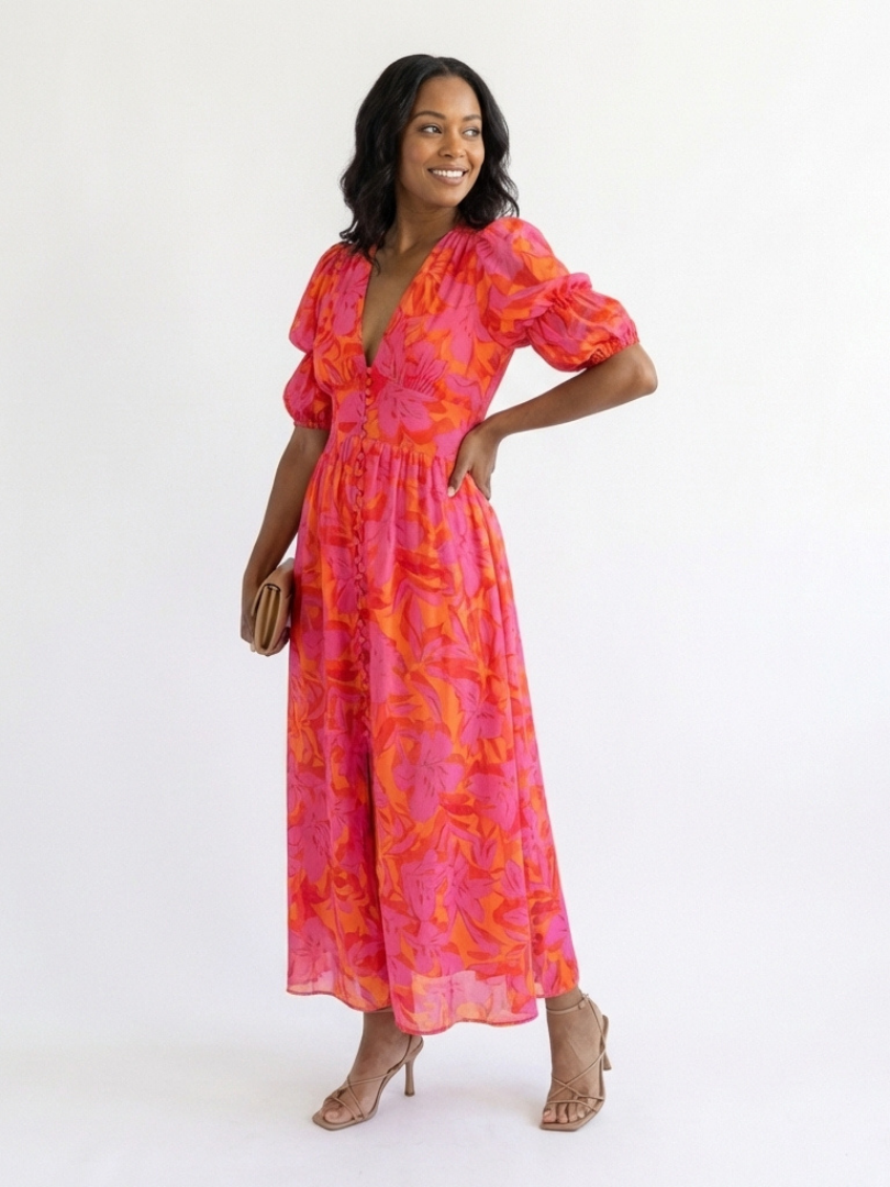 Robyn – Floral V-Neck Midi Dress with Puff Sleeves