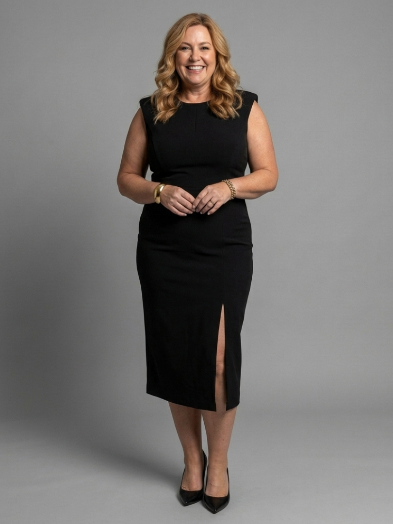 Brielle - Sleeveless Structured Midi Dress with Open Front