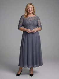 Birdie - Midi Dress with Lace Body and Sheer Sleeves