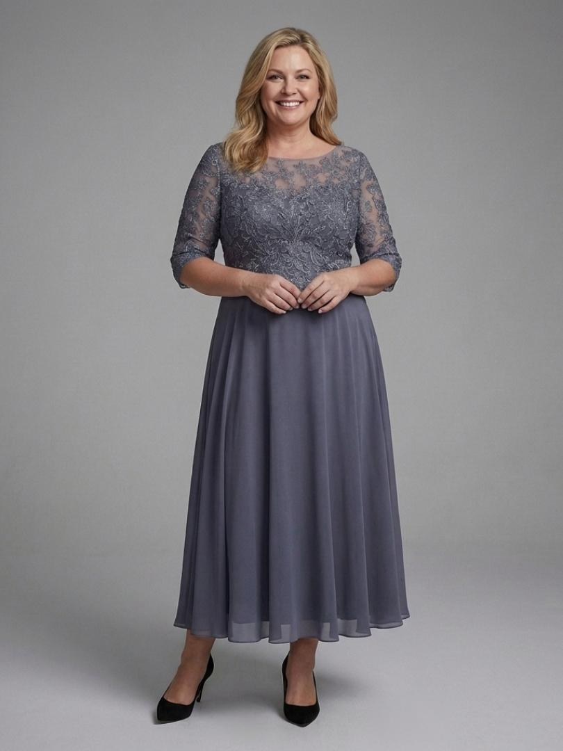 Birdie - Midi Dress with Lace Body and Sheer Sleeves