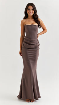 Bella | Womens Wedding Guest Column Maxi Dress Caramel