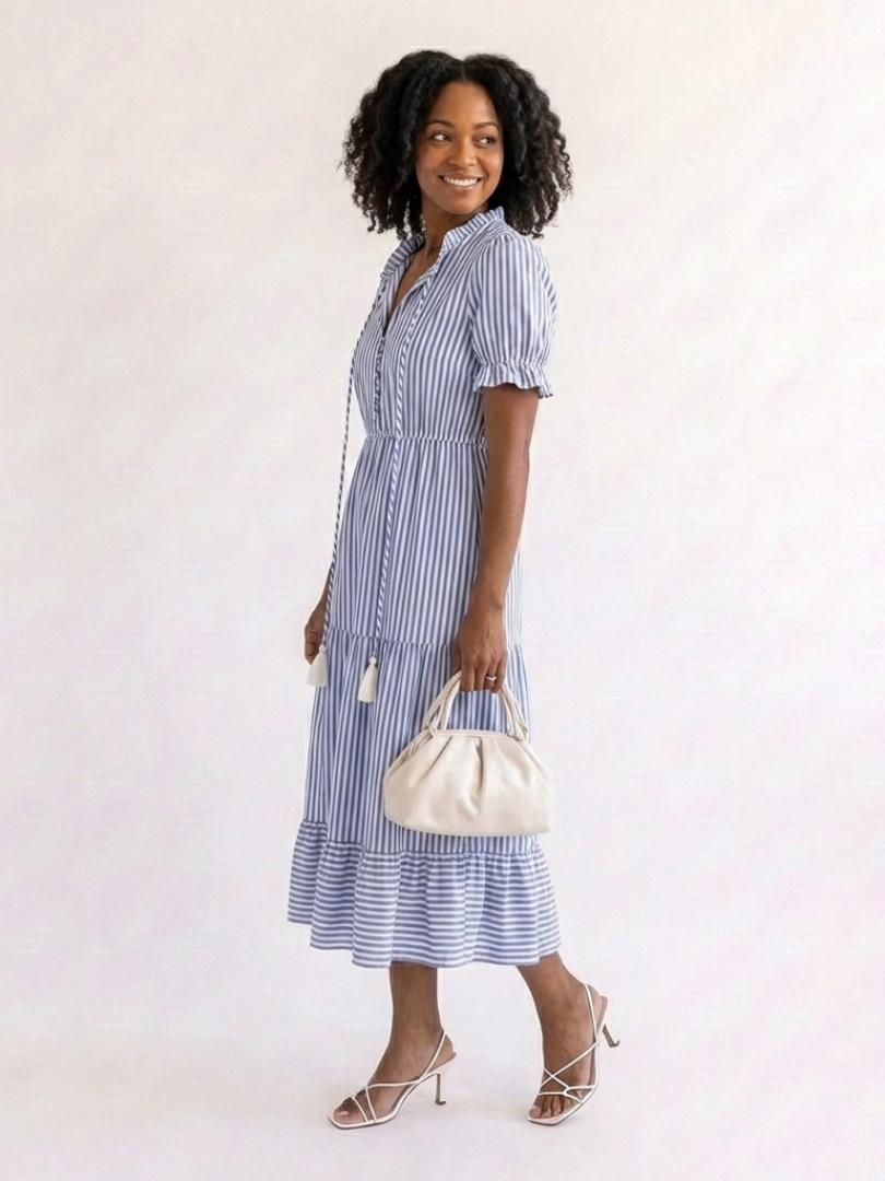 Verity – Short Sleeve Striped Tiered Midi Dress