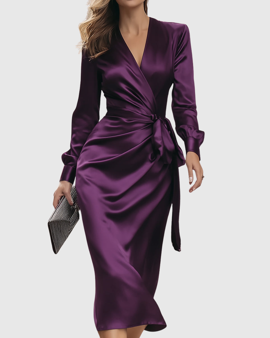 Cerelia | Deep Plum Satin Wrap Midi Dress S
