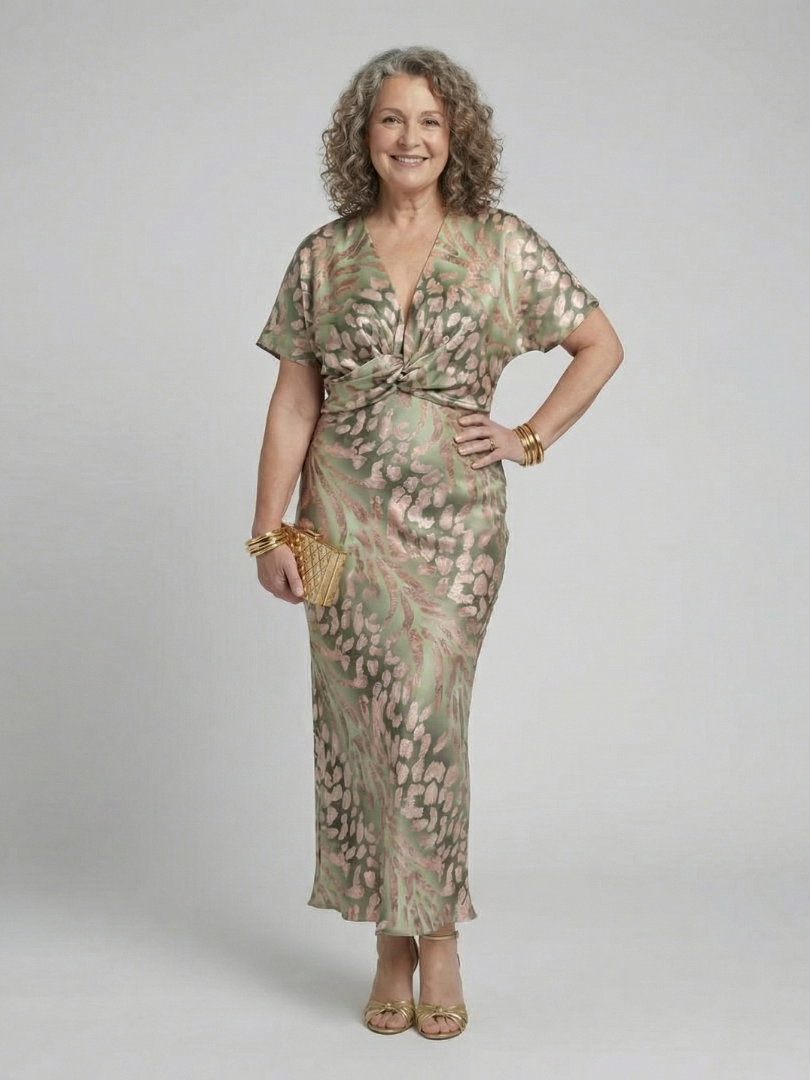 Saffron – Abstract Print V-Neck Wrap Waist Midi Dress