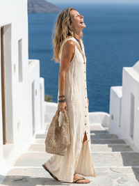 Saskia - Sleeveless Button Front Hooded Maxi Dress