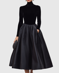 Aradia | Elegant Black Velvet And Satin Midi Dress S