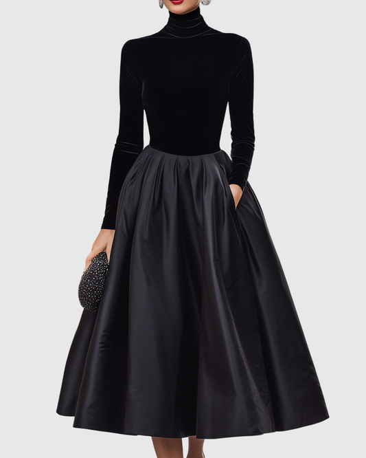 Aradia | Elegant Black Velvet And Satin Midi Dress S