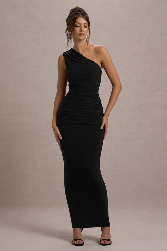 Dalarie Black One Shoulder Gathered Maxi Dress