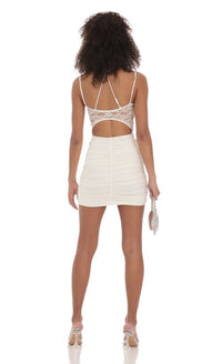 Rhinestone Lace Ruched Dress In White