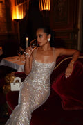 Rhinestone Low Neck Maxi Bodycon Party Dress - White XS