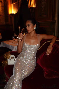 Rhinestone Low Neck Maxi Bodycon Party Dress - White XS