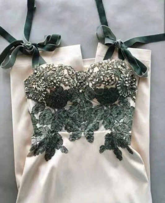 Ankle Length Prom Dress With Dark Green Lace
