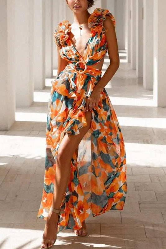 Lost In The Melody Chiffon Printed Flutter Sleeve Cutout Back Lace Up