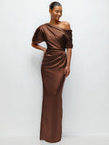 Asymmetrical Off The Shoulder Pleated Satin Maxi Dress