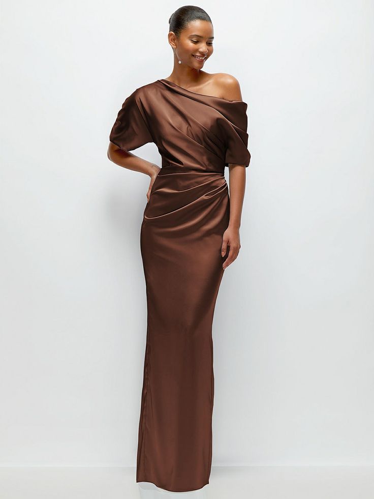 Asymmetrical Off The Shoulder Pleated Satin Maxi Dress