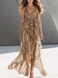 Champagne Stripe Wrap V Neck Ruffle Asymmetrical Maxi Dress Champagne