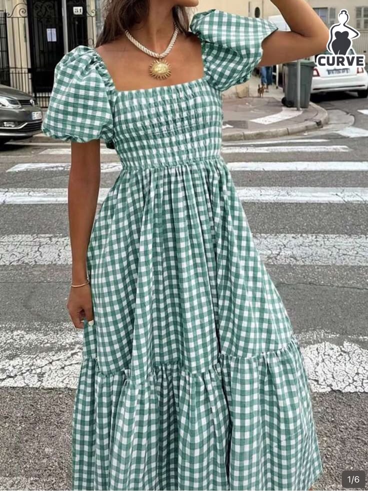 Dress Green Gingham Square Neck Puff Sleeve Maxi Dress Color: Green