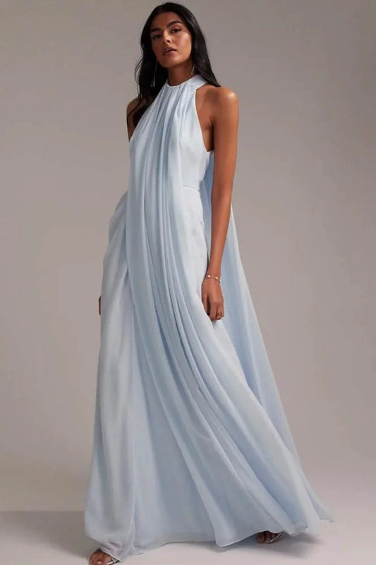 Elegant Halter Light Blue Maxi Party Dress Blue