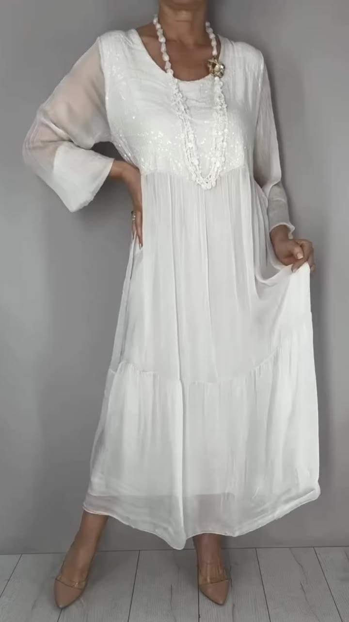 White Sequin Round Neck Chiffon Midi Dress White M(Us 10)