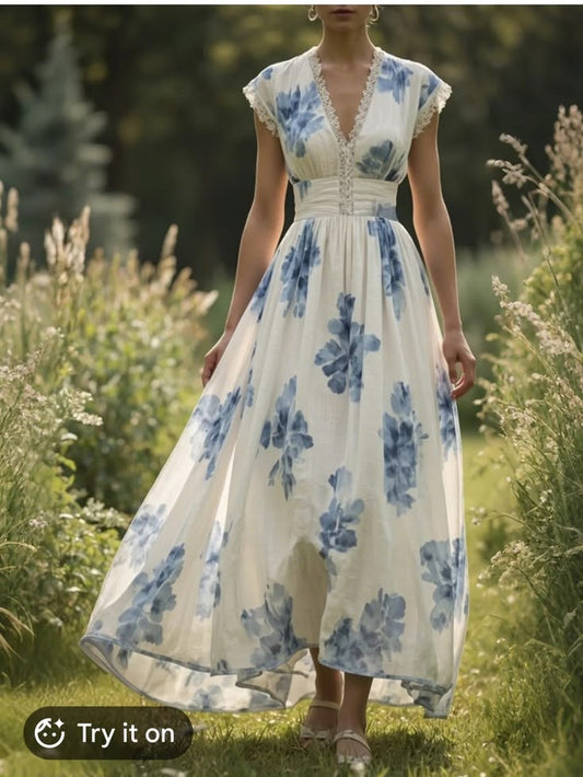 Linen Vibes Dress Linen Vibes Blue Floral V Neck Maxi Dress Women's