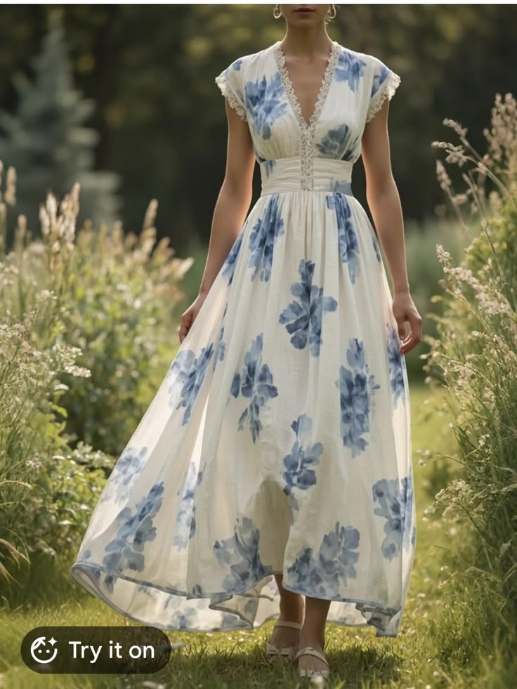 Linen Vibes Dress Linen Vibes Blue Floral V Neck Maxi Dress Women's