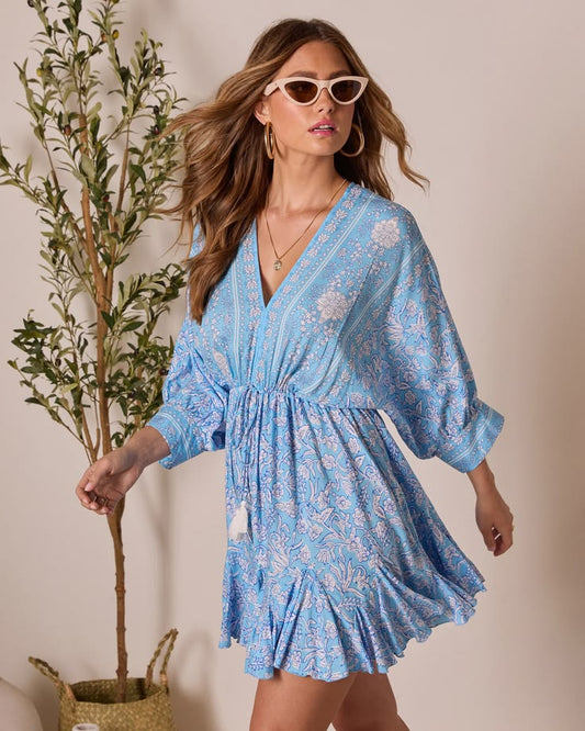 Athena Floral Tassel Tie Mini Dress Blue Multi