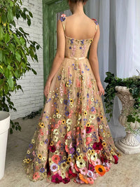 Floral Elegant Champagne A Line Spaghetti Straps Long Prom Dress